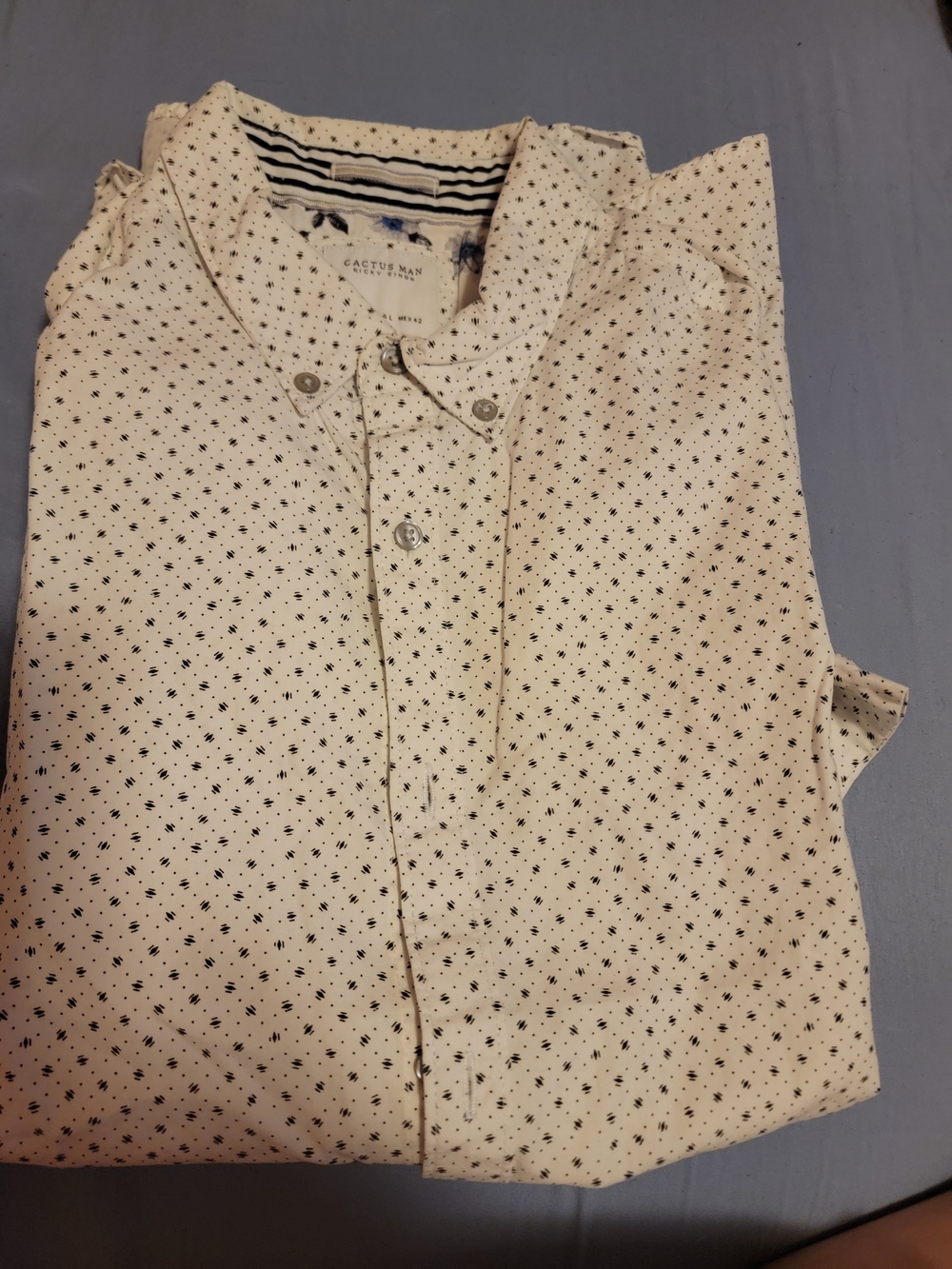 Cactus Men’s Cream Button-Down Shirt with Black Micro Star Print